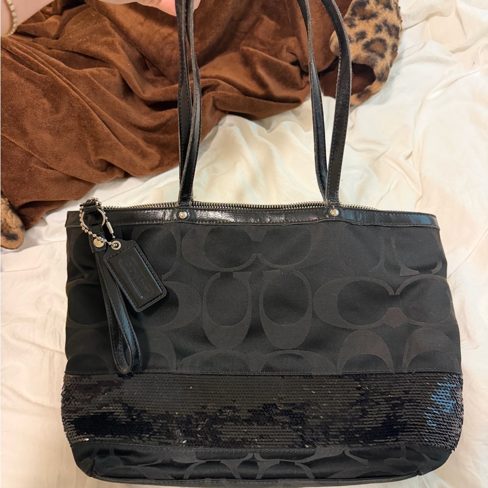 Coach Black Signature Canvas Tote with Sequin Trim